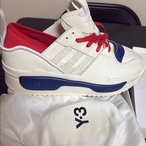 Y-3 White Sneakers with Red and Blue Accents